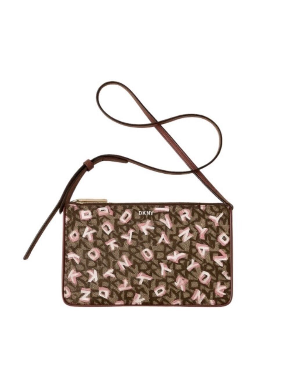 DKNY Ines Crossbody Shoulder Bag Monogram Pink Tan Brown Double Compartment NWOT